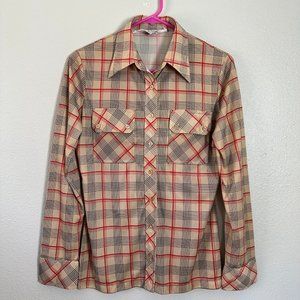 vintage 70s plaid button-down shirt size M long sleeve beige tan groovy slim